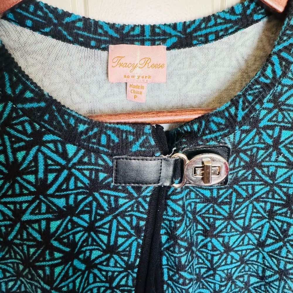 Tracy Reese Black and Teal Geometric cardigan sweater PS - Picture 2 of 3